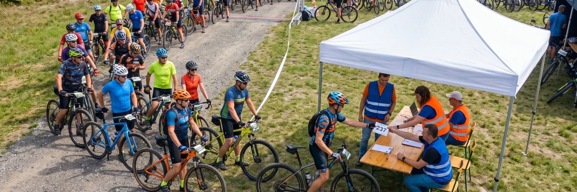 Ludzie na rowerach czekający w kolejce do rejestracji na rajd rowerowy