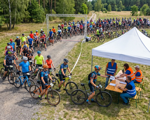 Ludzie na rowerach czekający w kolejce do rejestracji na rajd rowerowy