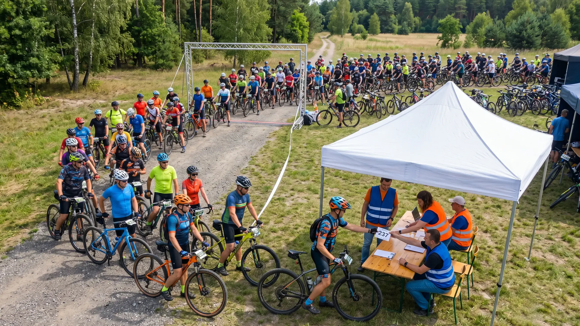 Ludzie na rowerach czekający w kolejce do rejestracji na rajd rowerowy