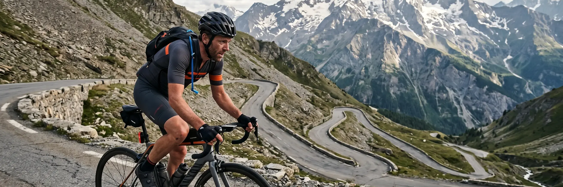 Mężczyzna w kasku z plecakiem zjeżdżający z górki na rowerze bioriacy udział w rowerowym Everestingu