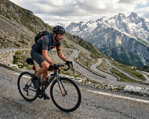 Mężczyzna w kasku z plecakiem zjeżdżający z górki na rowerze bioriacy udział w rowerowym Everestingu