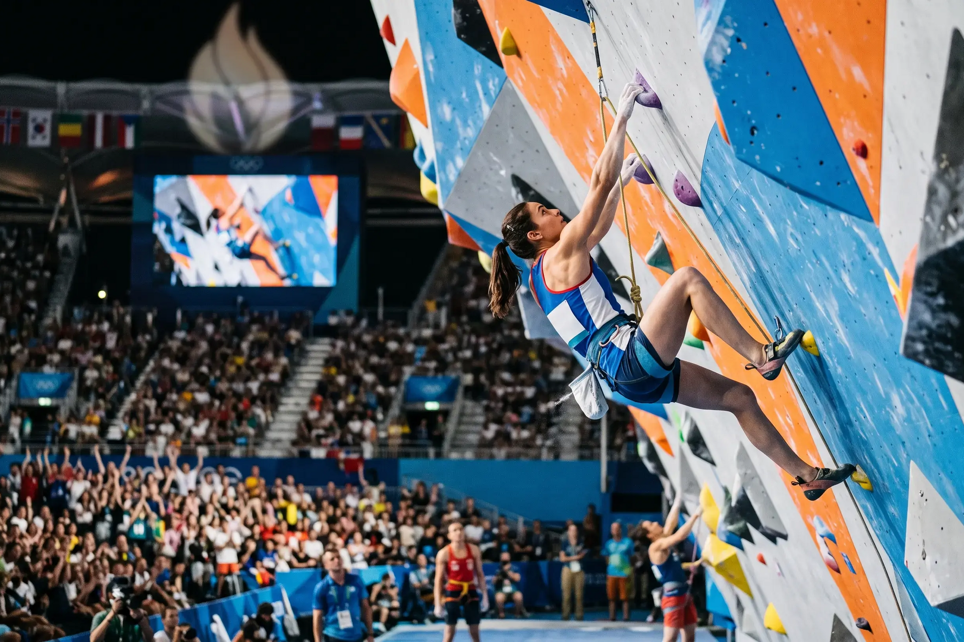 Kobieta wspinająca się po ściance wspinaczkowej na olimpiadzie