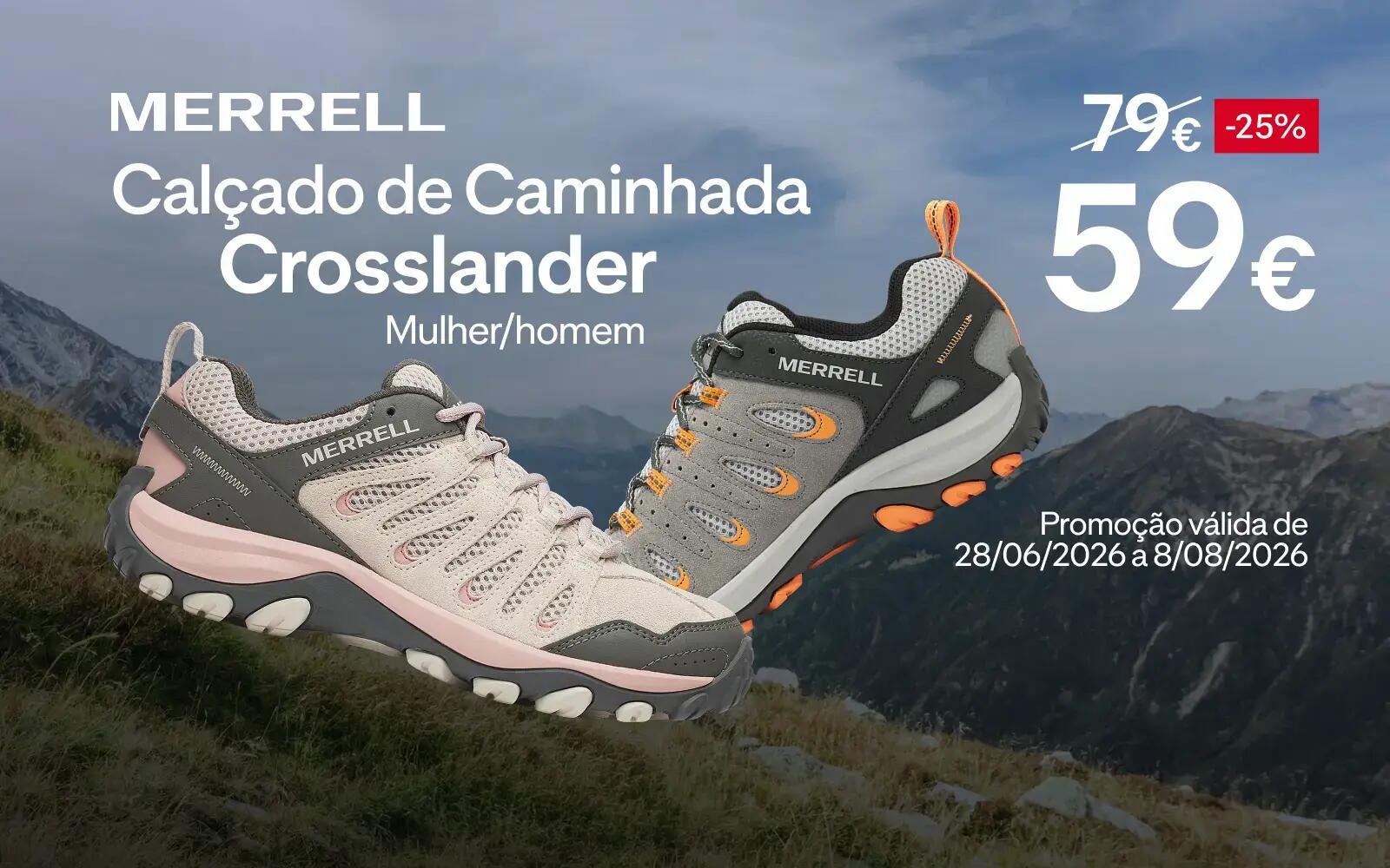 Calçado de Caminhada Merrell Crosslander , antes 79€, agora 59€. Promoção válida de 28/06/2026 a 8/08/2026