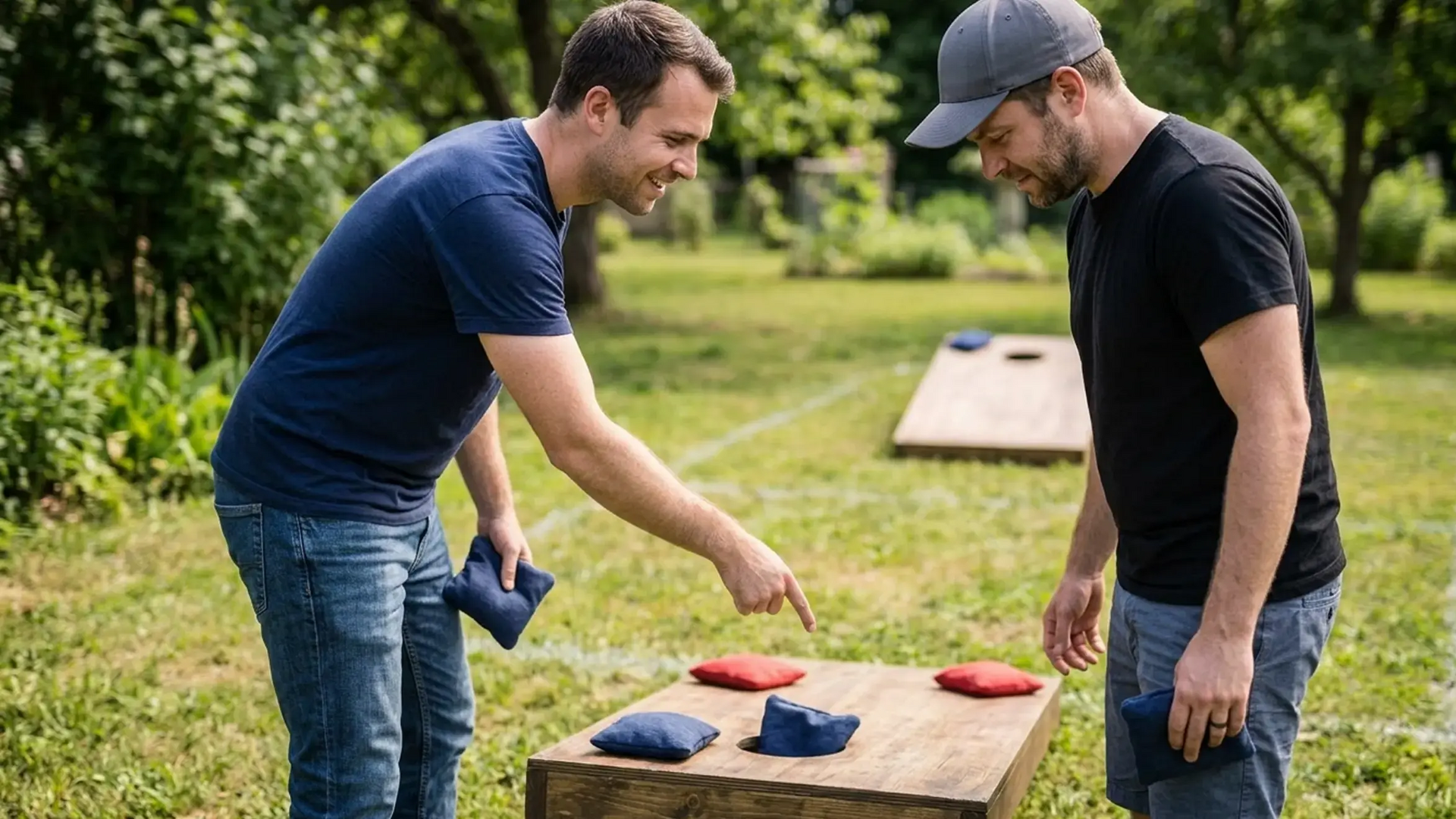 Mężczyźni grający w cornhole