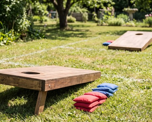 Zestaw do cornhole leżący na trawie
