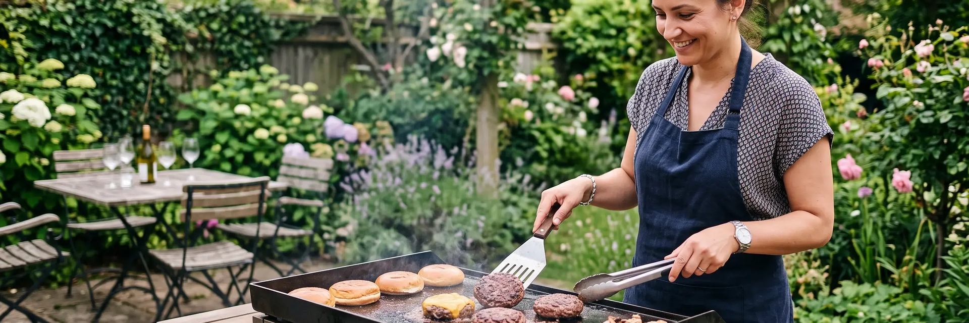 Kobieta smażąca hamburgery na płycie plancha