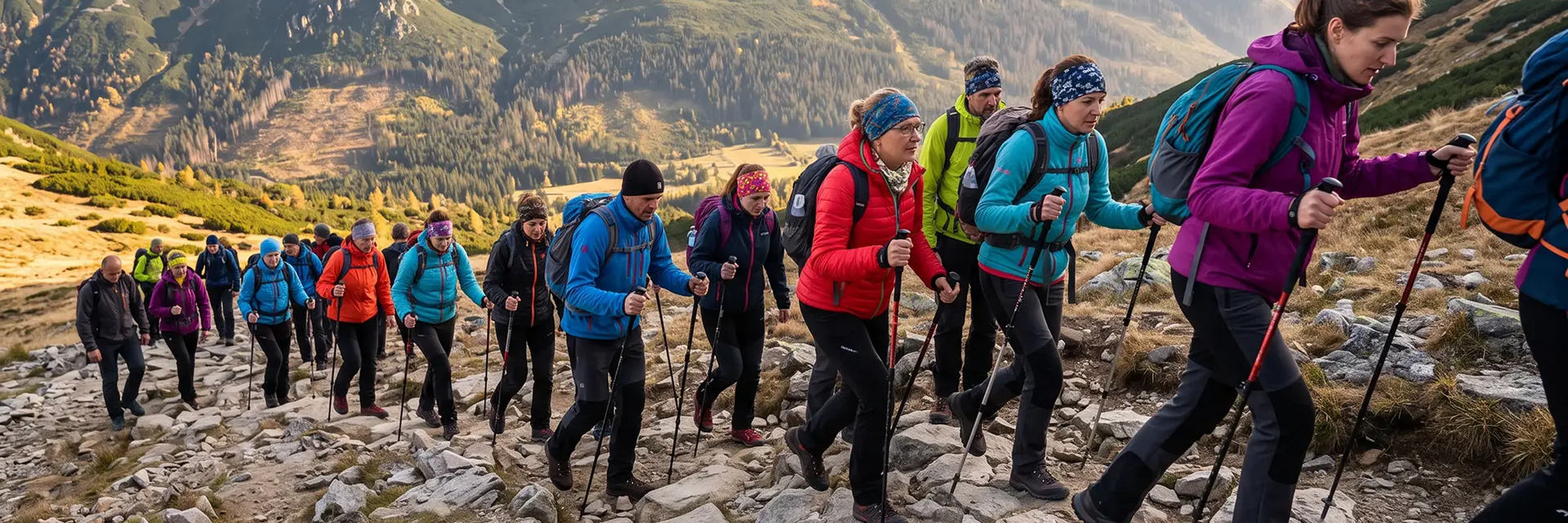 Ludzie z kijkami trekkingowymi wędrujący po górach biorący udział w rajdzie pieszym