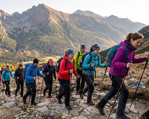 Ludzie z kijkami trekkingowymi wędrujący po górach biorący udział w rajdzie pieszym