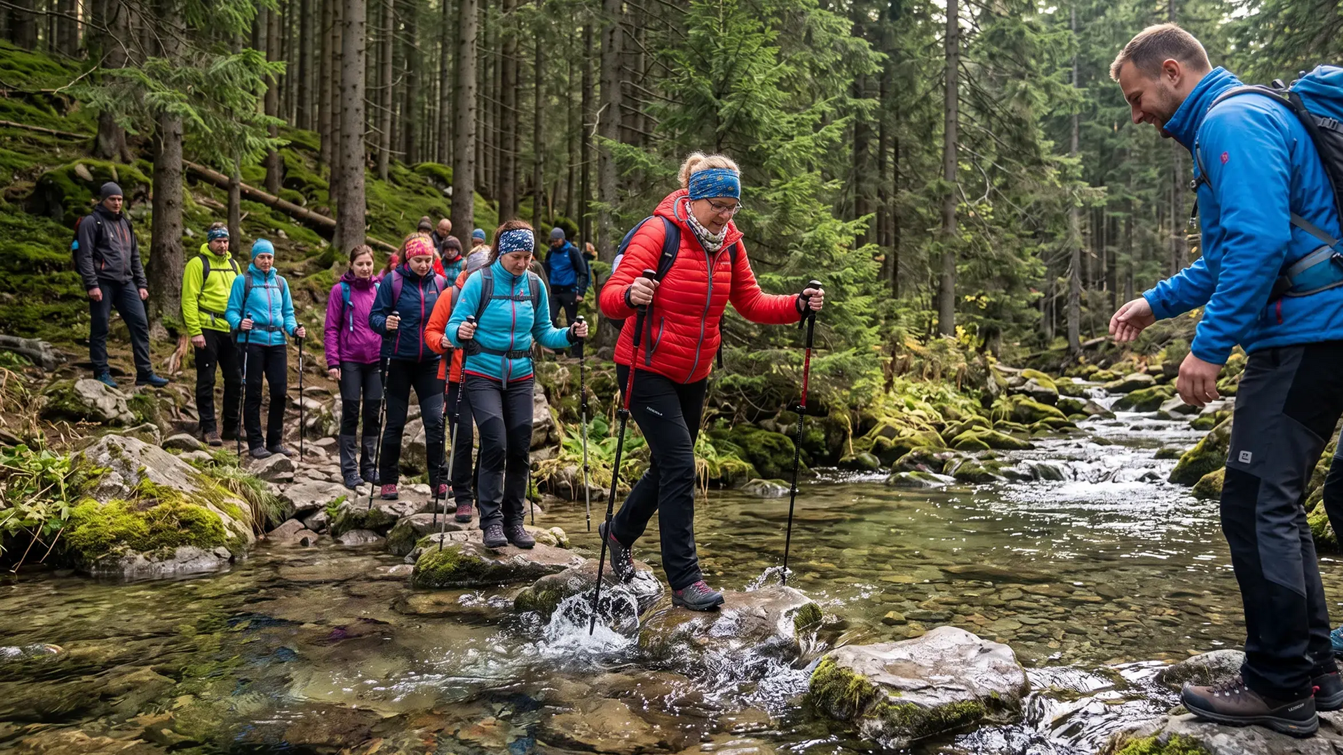 Ludzie z kijkami trekkingowymi wędrujący po kamieniach biorący udział w rajdzie pieszym