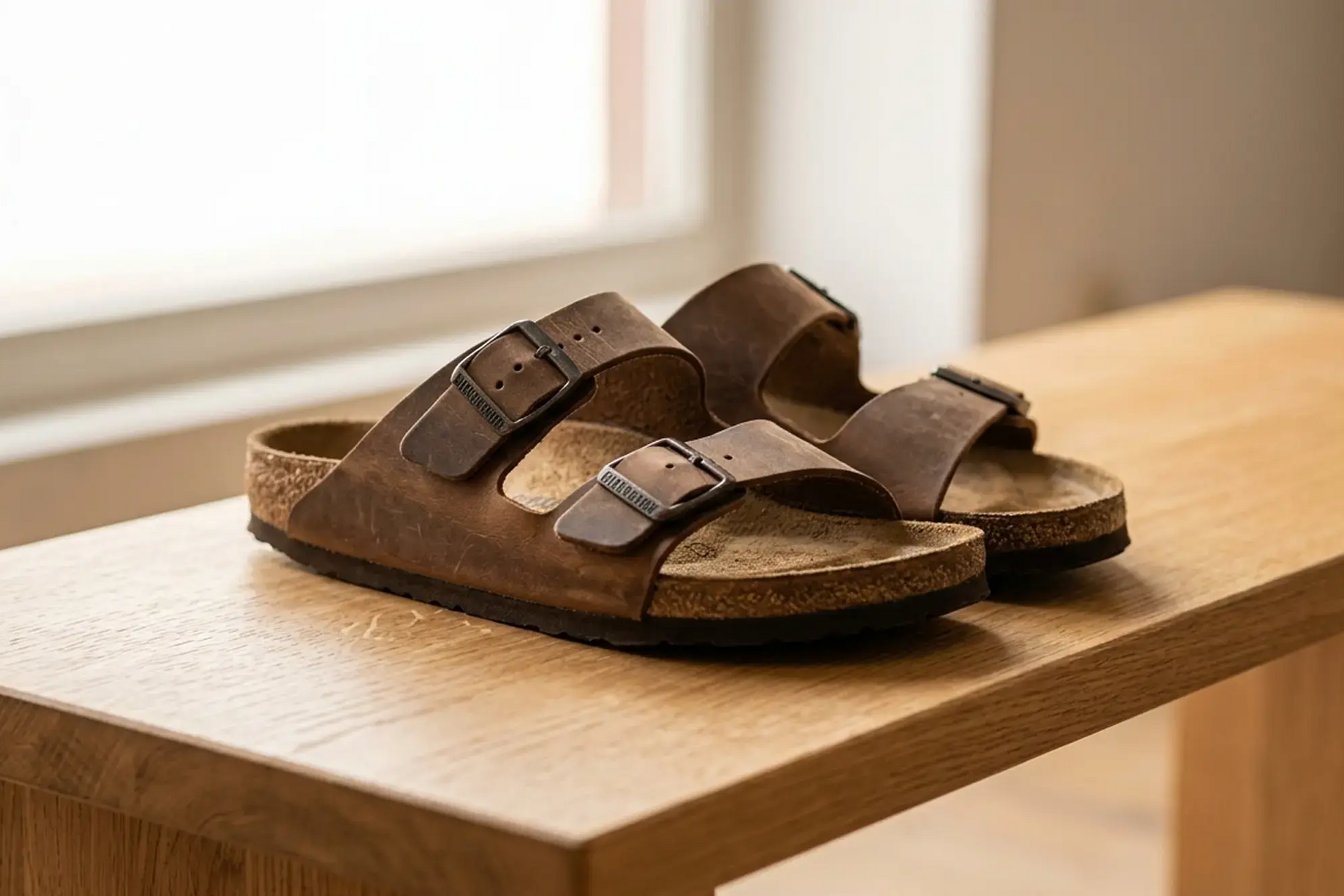 Klapki Birkenstock leżące na ławce