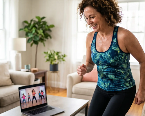 Kobieta ćwicząca zumbę fitness online w domu