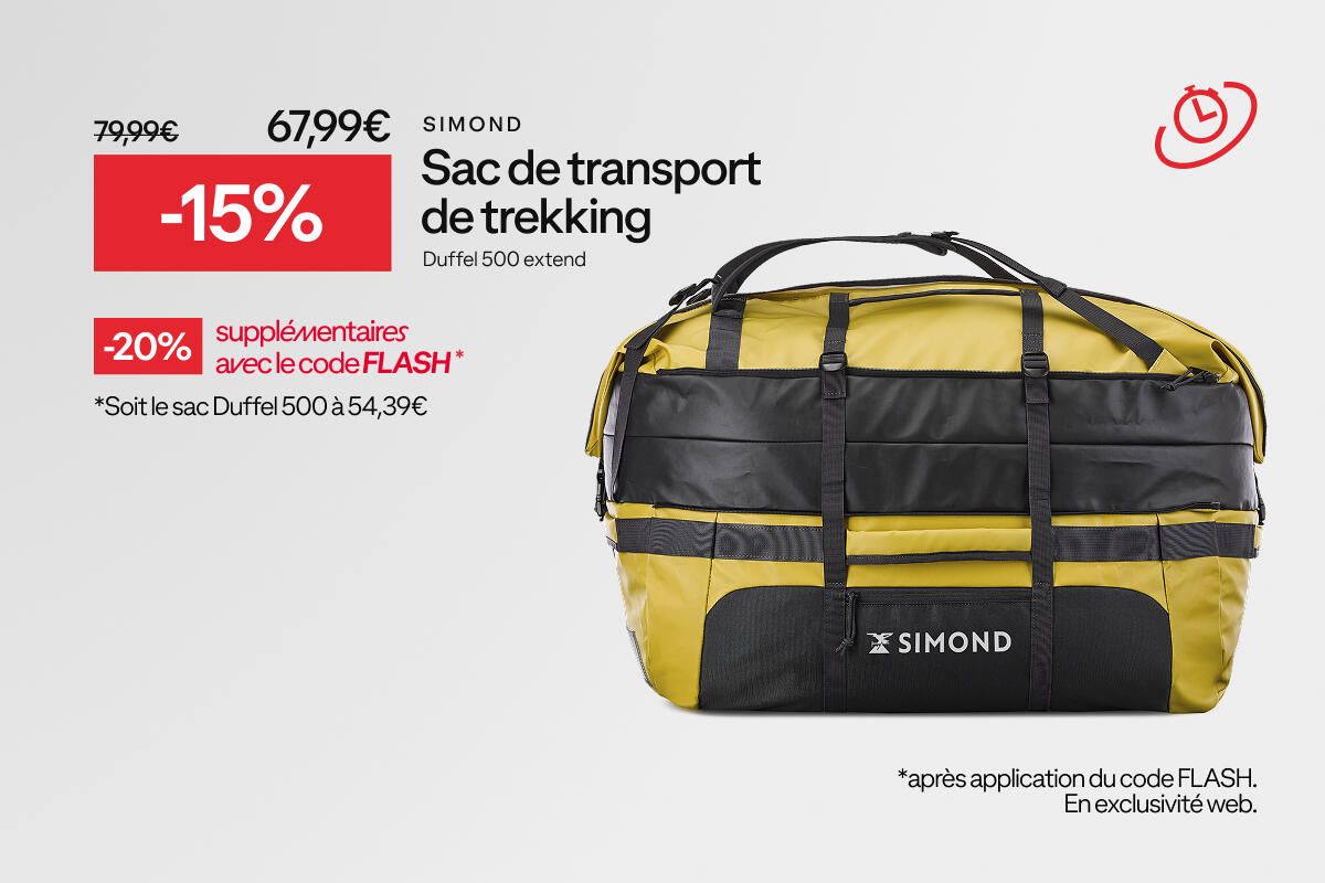 Ventes Flash : SIMOND sac de transport de trekking duffel 500 extend à -15€ soit 67,99€ au lieu de 79,99€. -20% supplémentaires avec le code FLASH, soit le sac duffel 500 à 54,39€