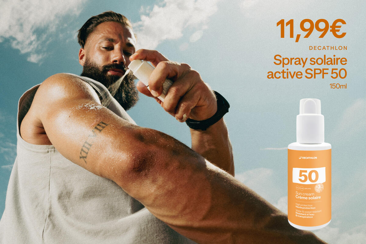 Decathlon : spray solaire active SPF50 - 150ml à 11,99€