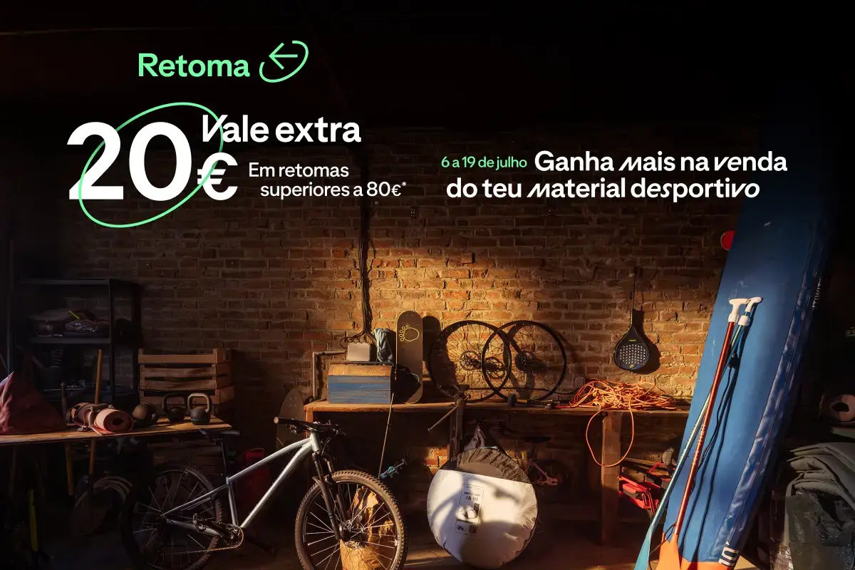 Material desportivo em fundo escuro com texto verde anunciando vale extra de 20€ para retomas superiores a 80€.