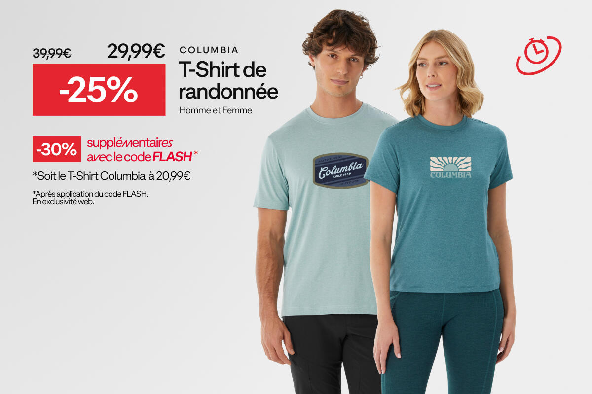 Ventes flash : columbia t-shirt de randonnée homme & femme à -25% soit 29,99€ au lieu de 39,99€. -30% supplémentaires avec le code FLASH soit le t-shirt Columbia à 20,99€
