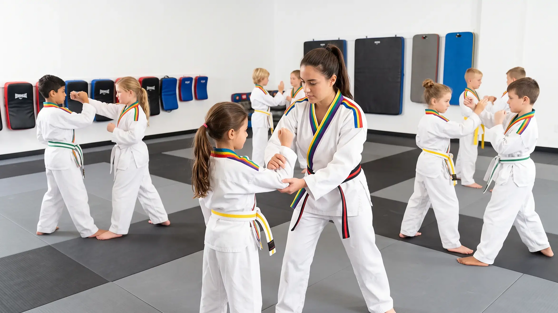 Dzieci trenujące karate razem z instruktorką
