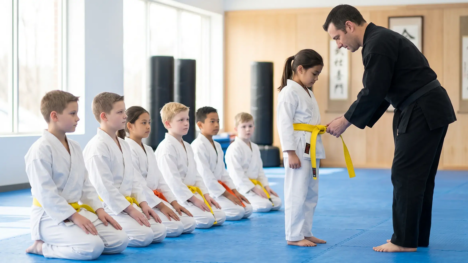 Dzieci w stroju do karate siedzące na kolanach instruktor zakładający żółty pas dziewczynce