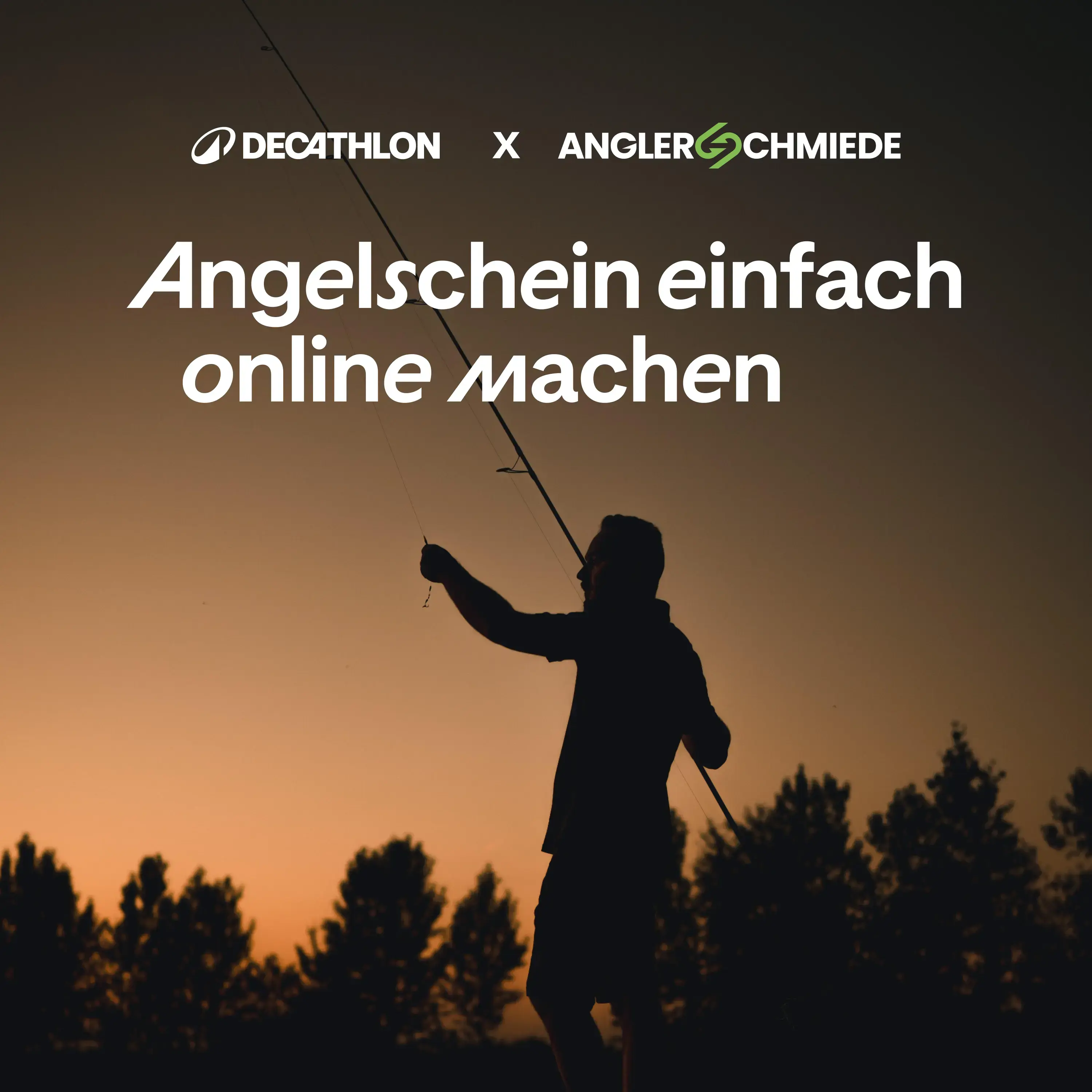 Ein Angler steht im Sonnenuntergang am Wasser mit seiner Angelrute.