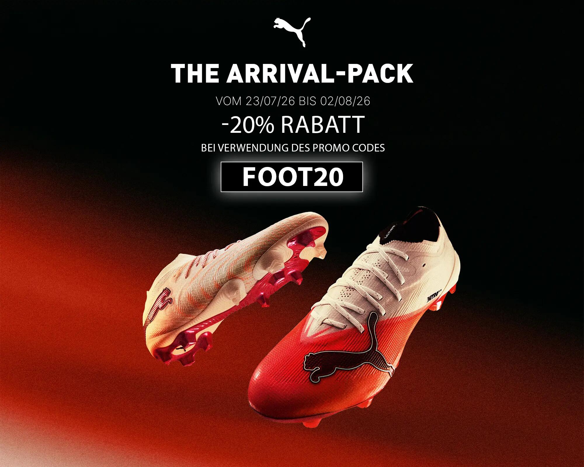 Puma Banner The Arrival-Pack: 20 Prozent Rabatt auf Puma Fußballschuhe mit dem Promo Code FOOT20