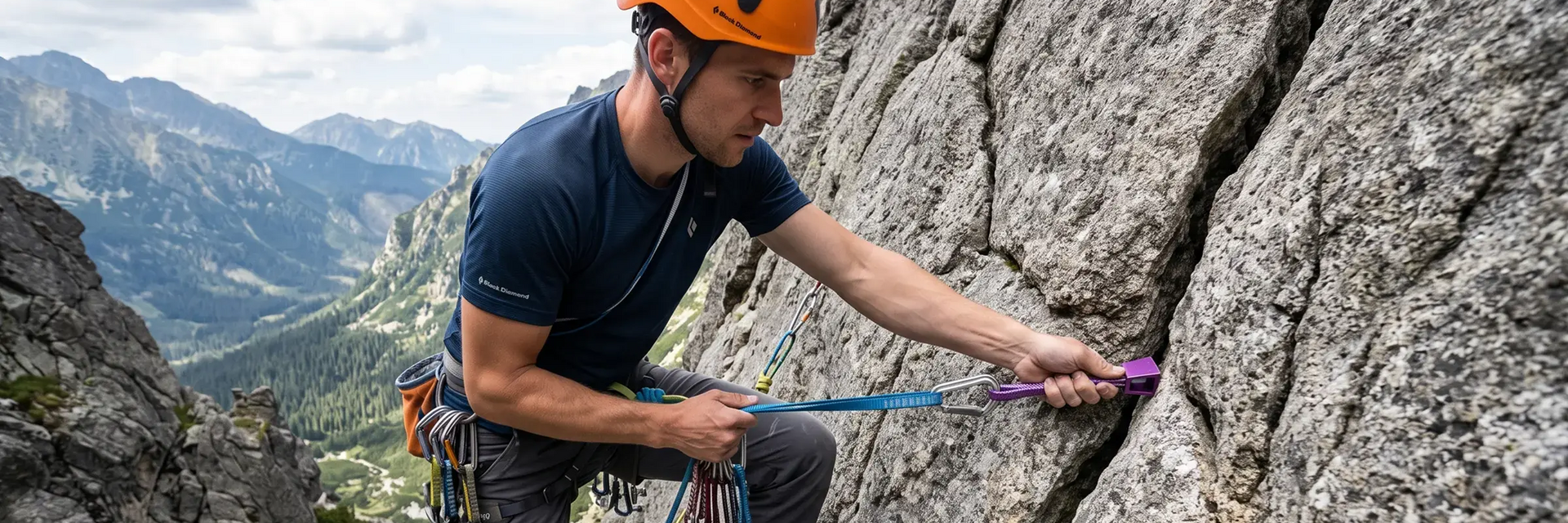 Alpinista w kasku montujący kości wspinaczkowe w skale