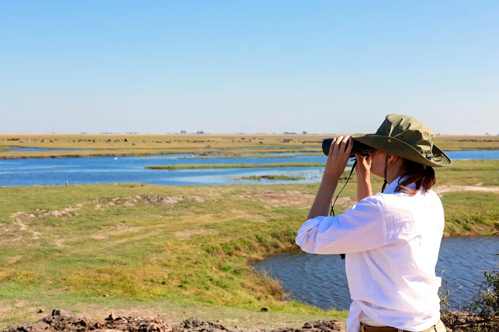 Kobieta ogladająca zwierzęta przez lornetkę na safari