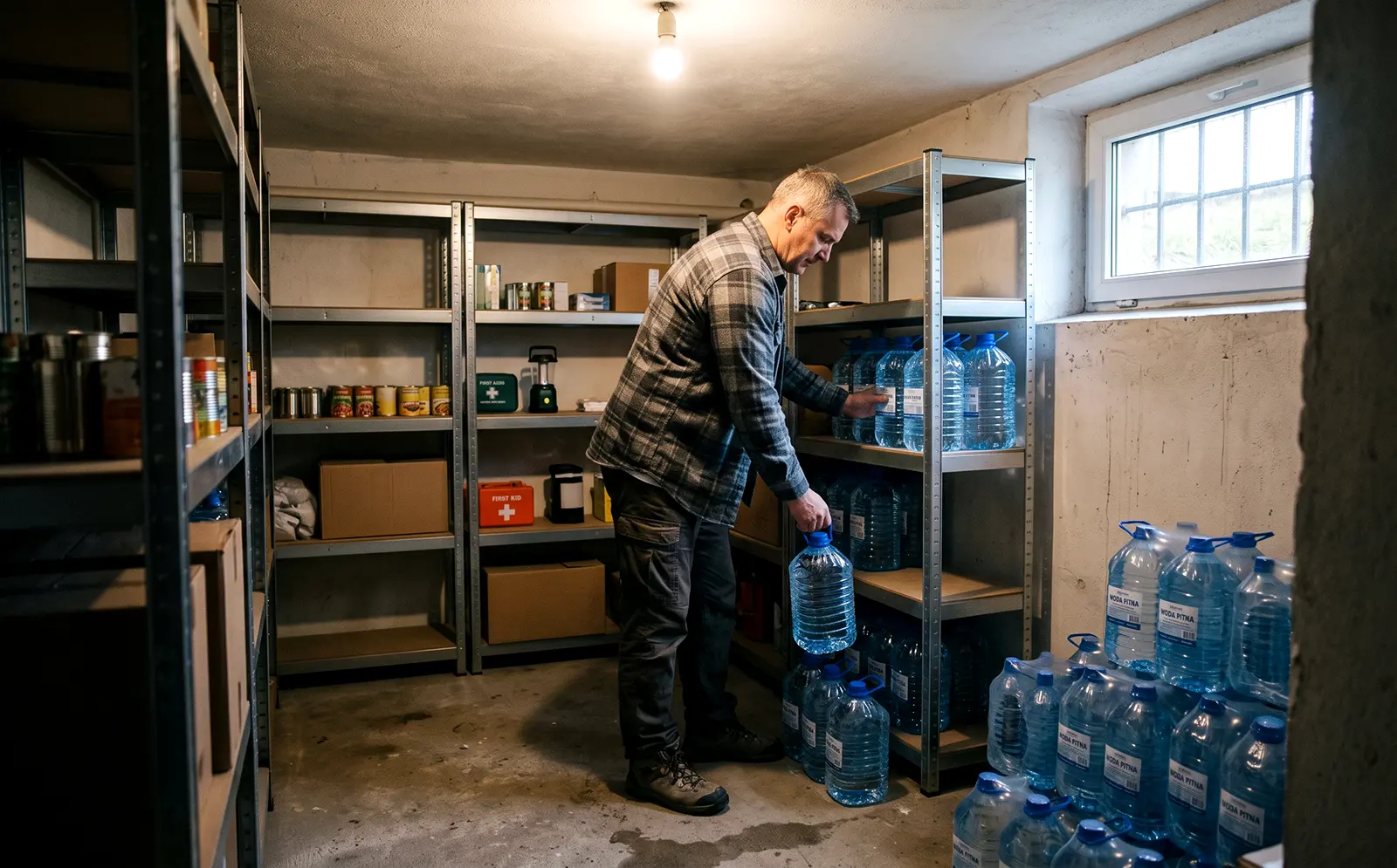 Mężczyzna układający wodę 5 litrową na regałach