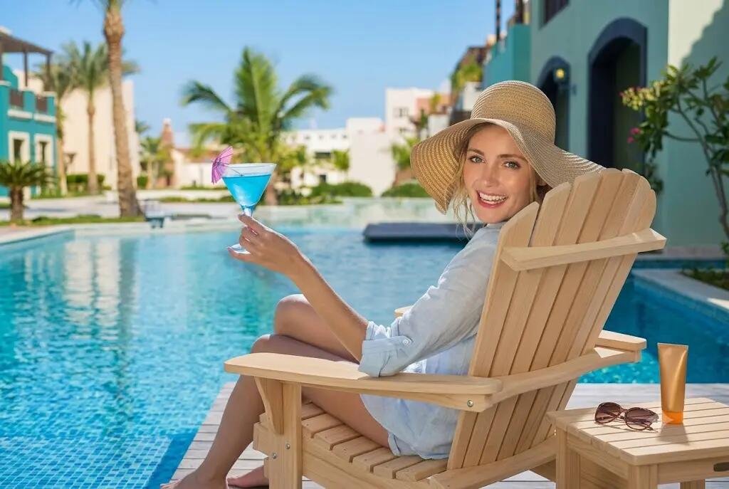 Person relaxing on a sun lounger beside a resort pool