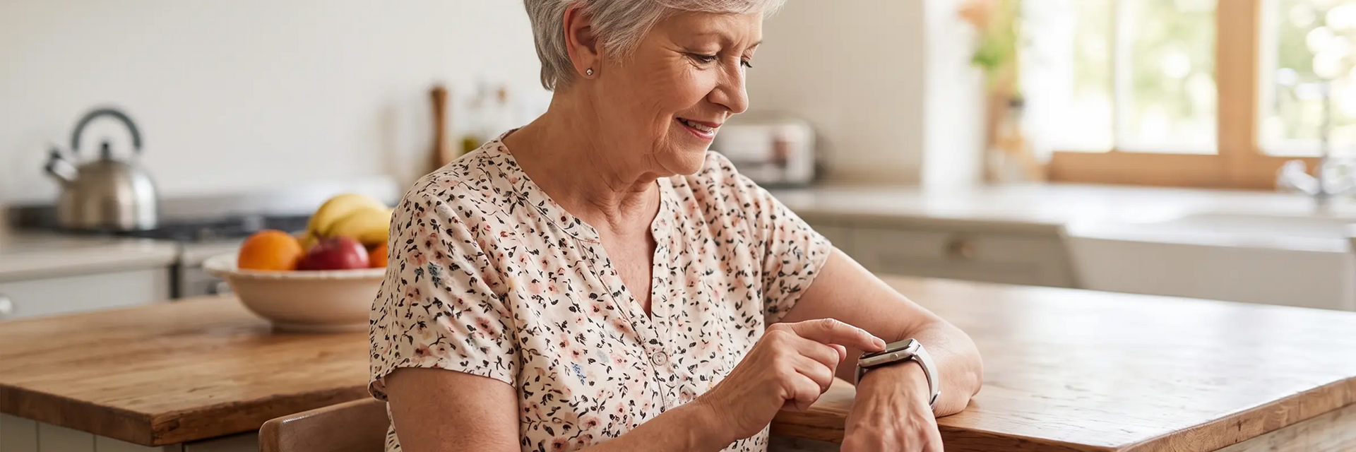 Seniorka naciskająca pulpit palcem na smartwatchu