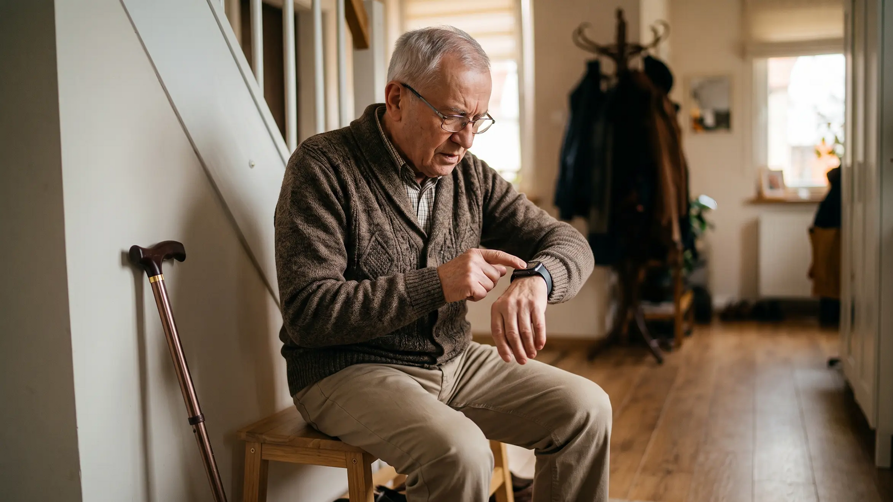 Senior naciskający pulpit palcem na smartwatchu