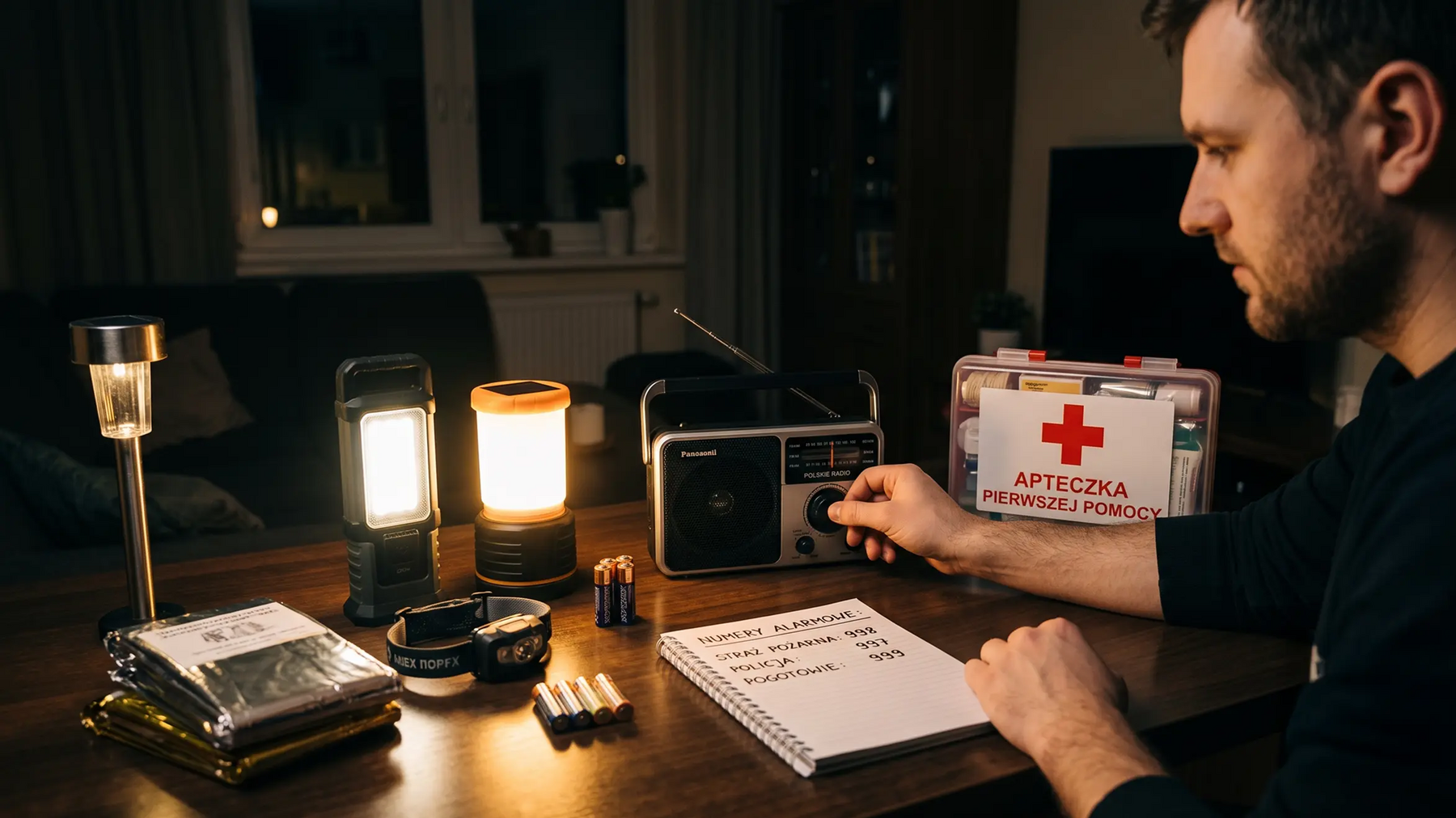 Mężczyzna siedzący przy stole przy lampach z radiem apteczką i notesem