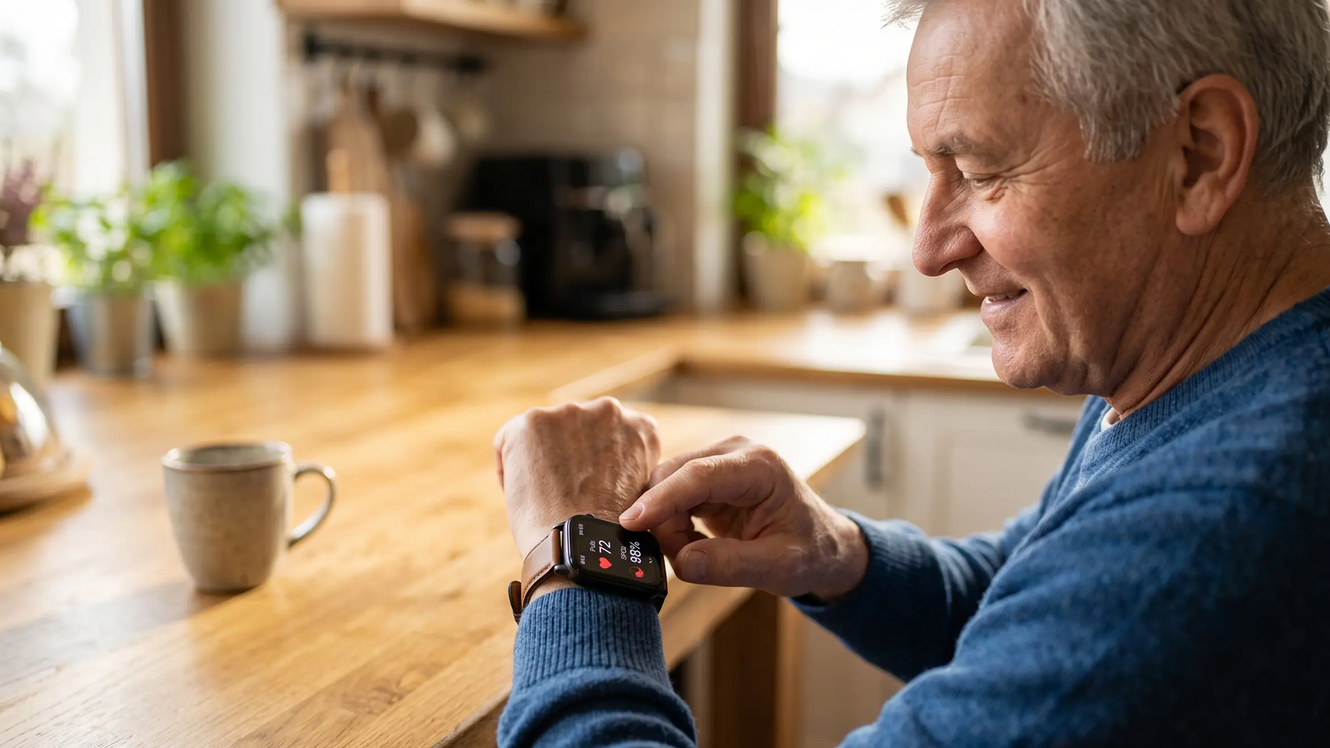 Senior naciskający pulpit palcem na smartwatchu