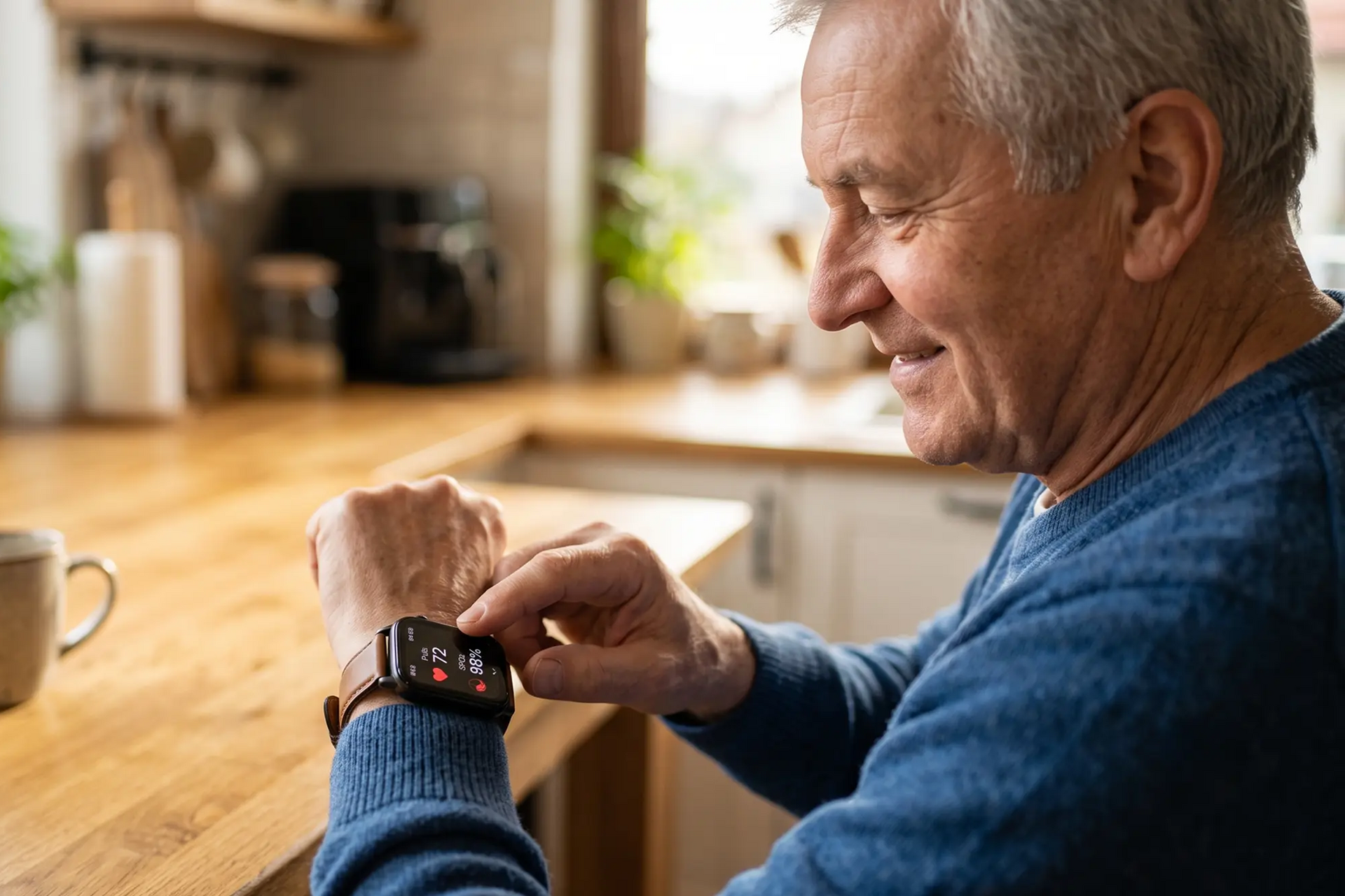 Senior naciskający pulpit palcem na smartwatchu