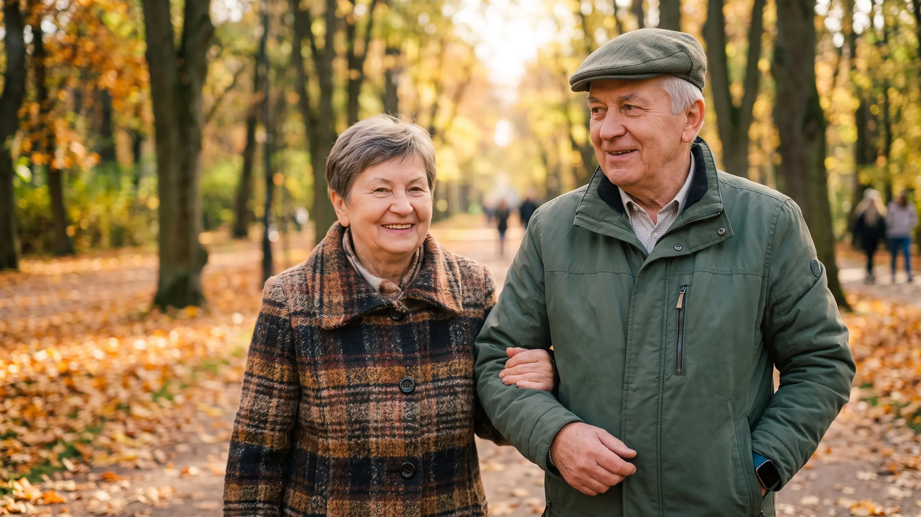 Seniorzy spacerujące pod rękę w parku