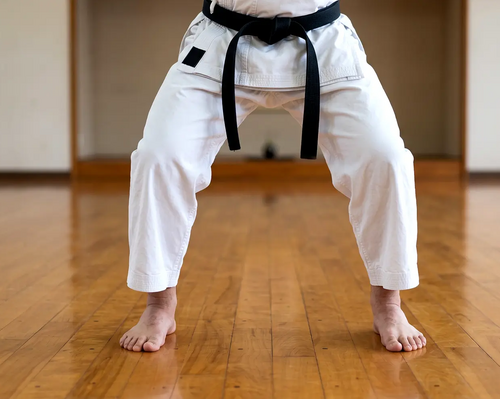 Osoba stojąca w pozycji heiko dachi w karate