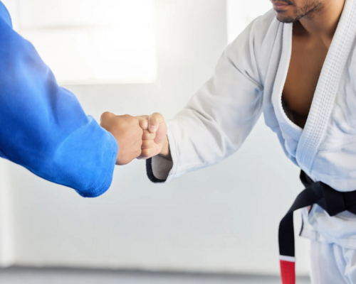 Ludzie witający się na macie przed treningiem karate shotokan