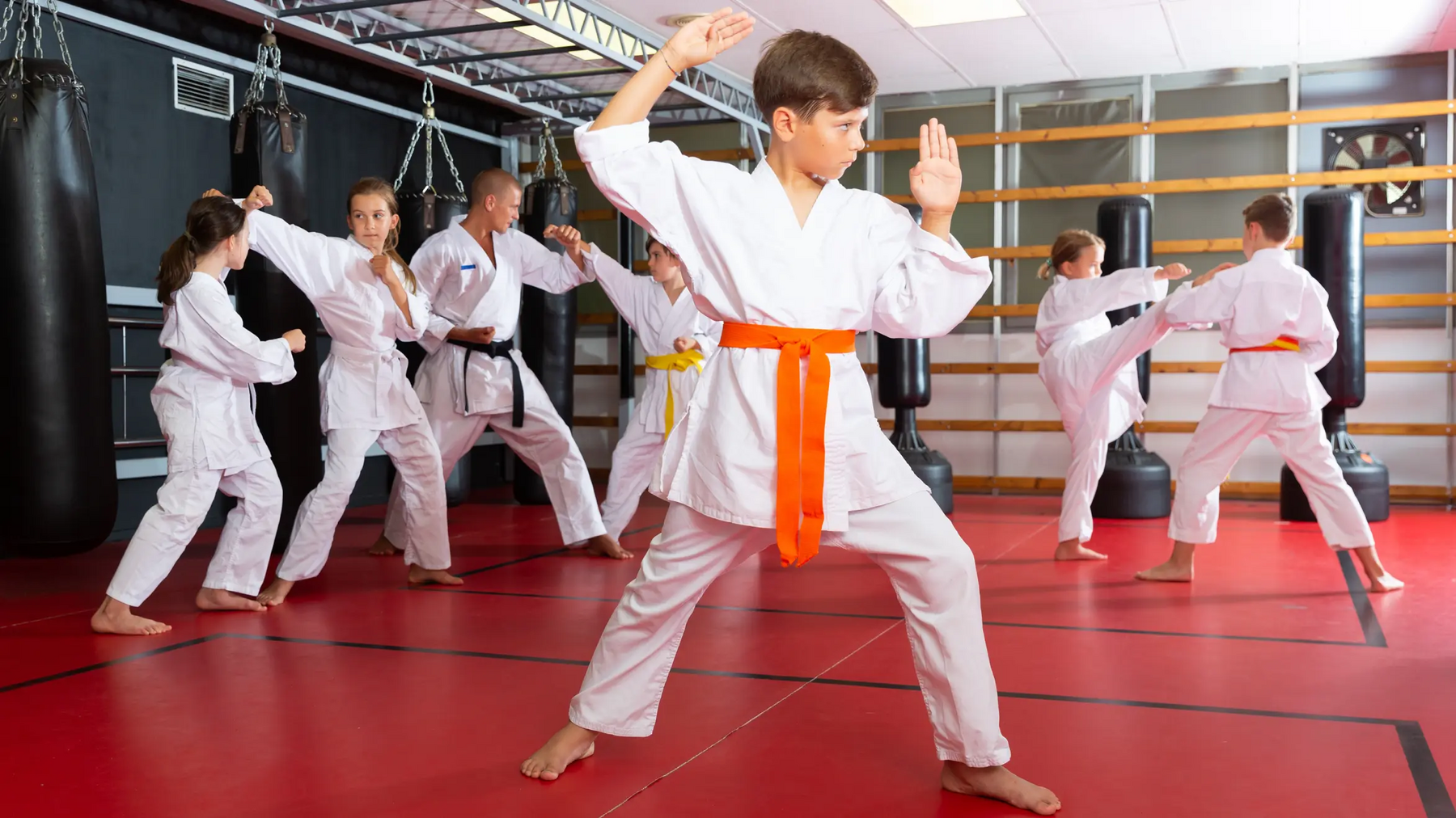 Dzieci w karategach trenujące karate