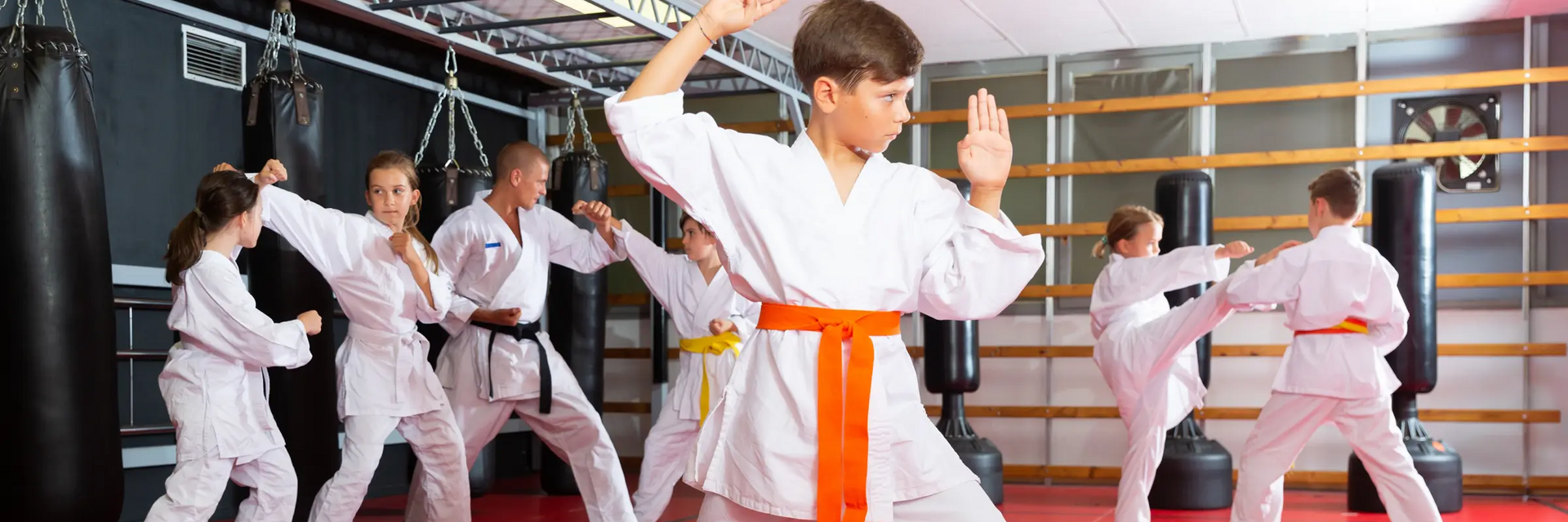 Dzieci w karategach ćwiczące karate
