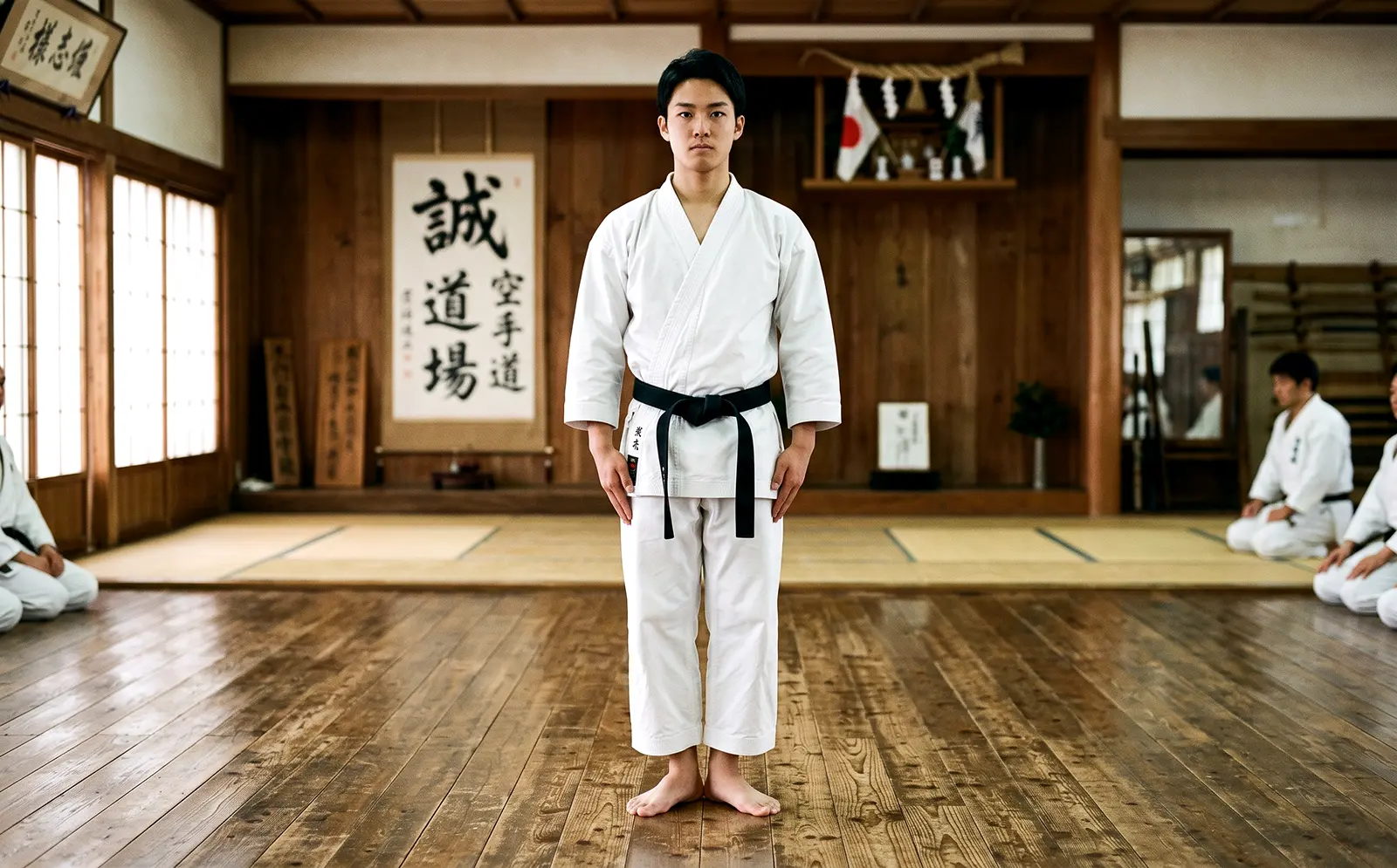 Mężczyzna stojący w pozycji musubi dachi w karate