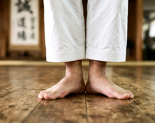 Osoba stojąca w pozycji musubi dachi w karate