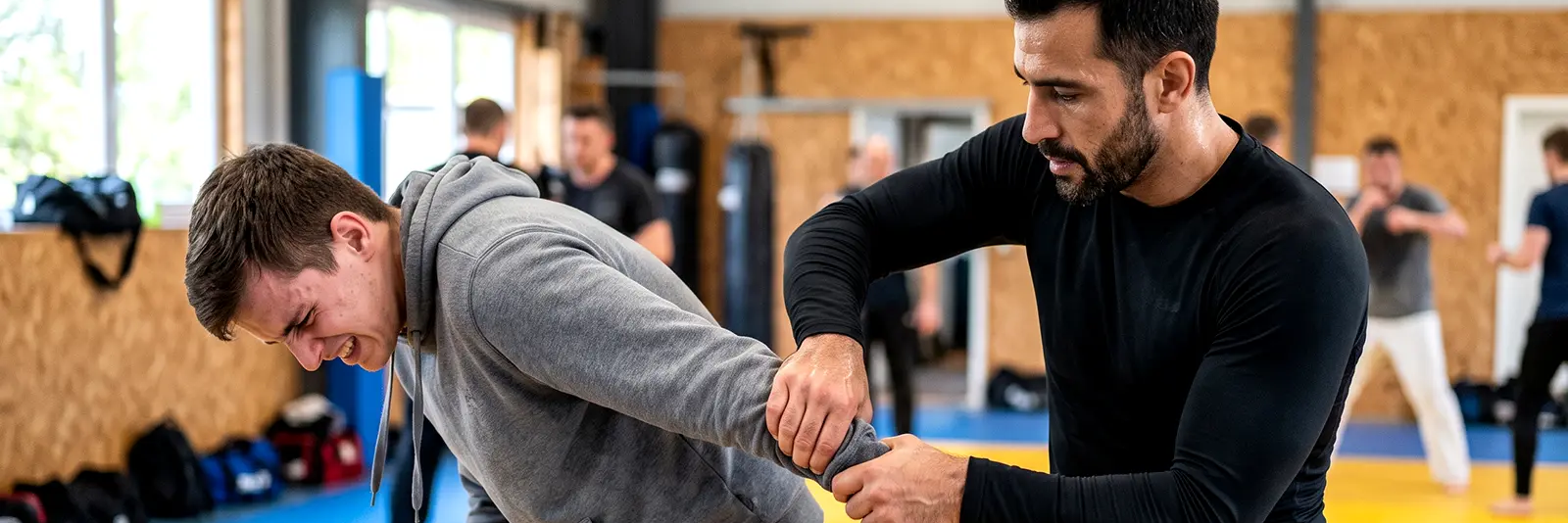 Mężczyźni trenujący technikę w jiu jitsu dźwignia na nadgarstek