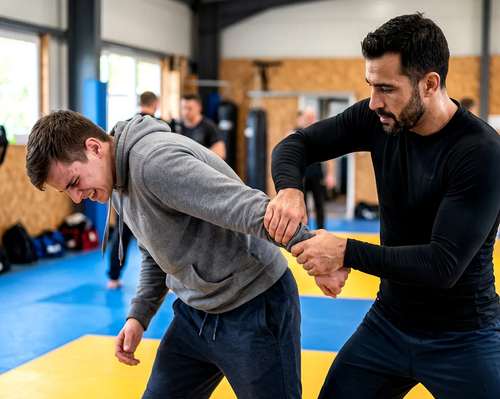Mężczyźni trenujący technikę w jiu jitsu dźwignia na nadgarstek