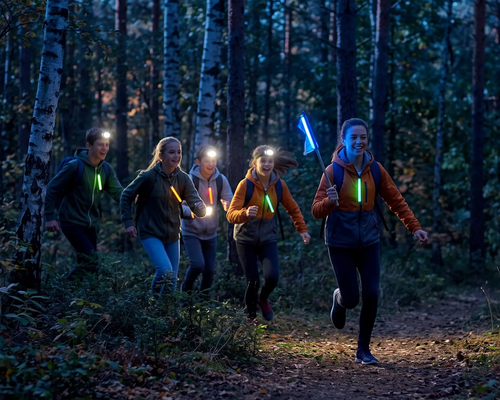 Młodzież w czołówkach z latarkami na bluzach biorąca udział w nocnej grze terenowej