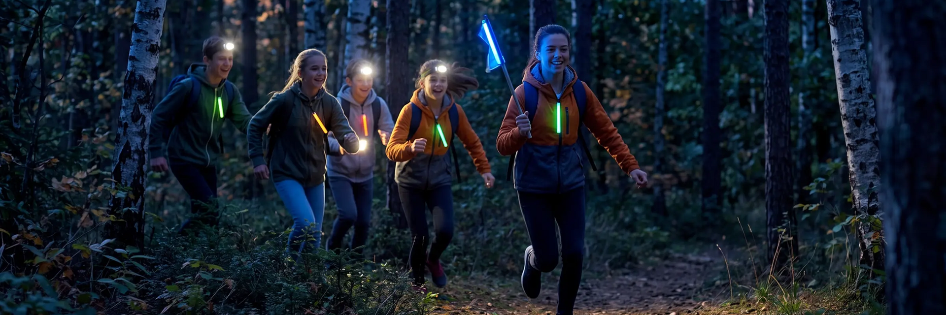 Młodzież w czołówkach z latarkami na bluzach biorąca udział w nocnej grze terenowej