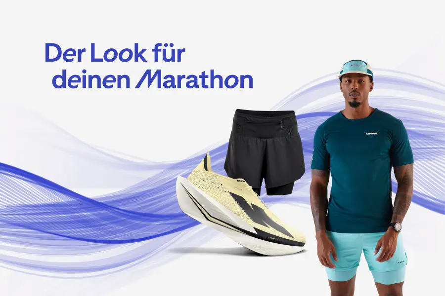 Banner mit der Aufschrift 'Der Look für deinen Marathon', einem Läufer in dunkelblauem Laufshirt und mintgrünen Shorts sowie freigestellten schwarzen Running-Shorts und einem gelben Performance-Laufschuh vor einem blau geschwungenen Hintergrund.