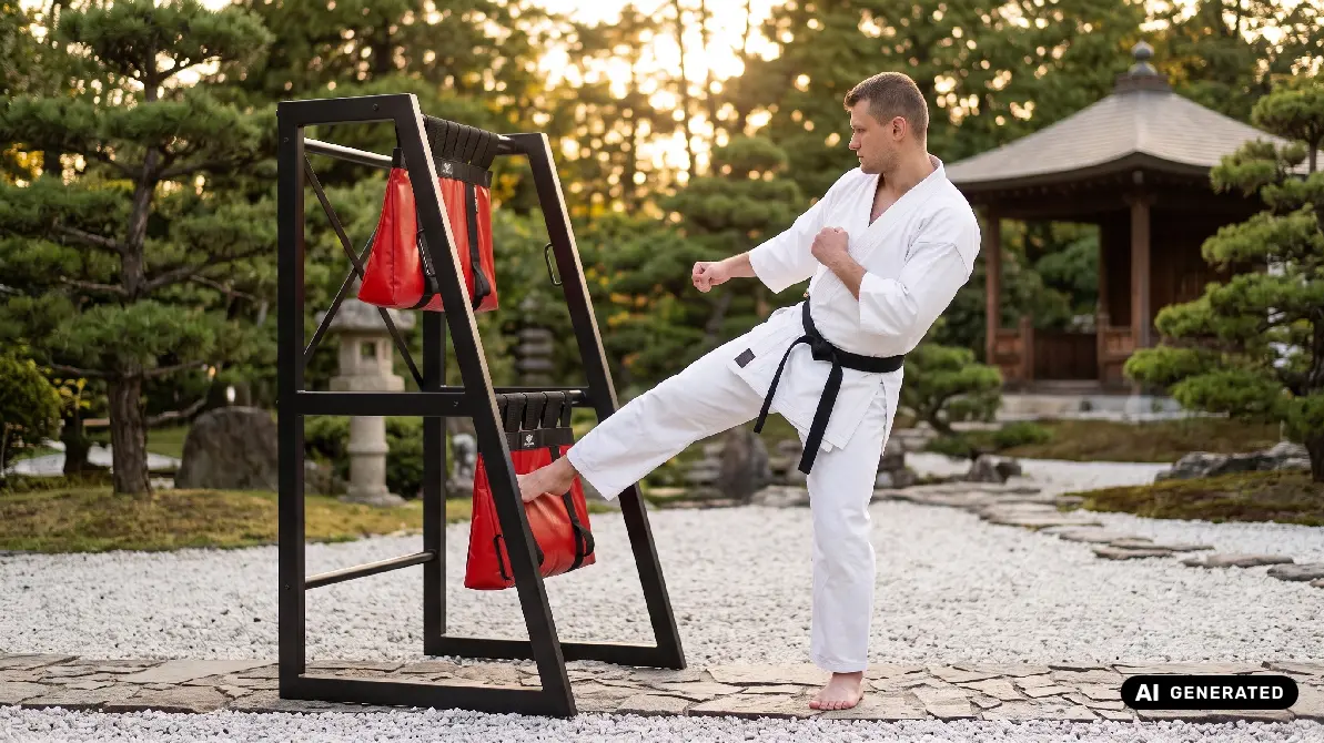 Mężczyzna uderzający nogą w worek treningowy makiwara do treningu karate