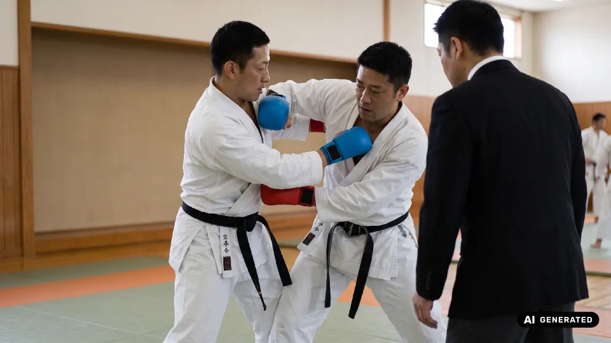 Mężczyźni w rękawicach trenujący karate