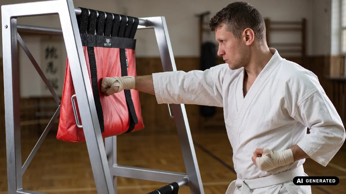 Mężczyzna uderzający pięścią w worek treningowy makiwara do treningu karate