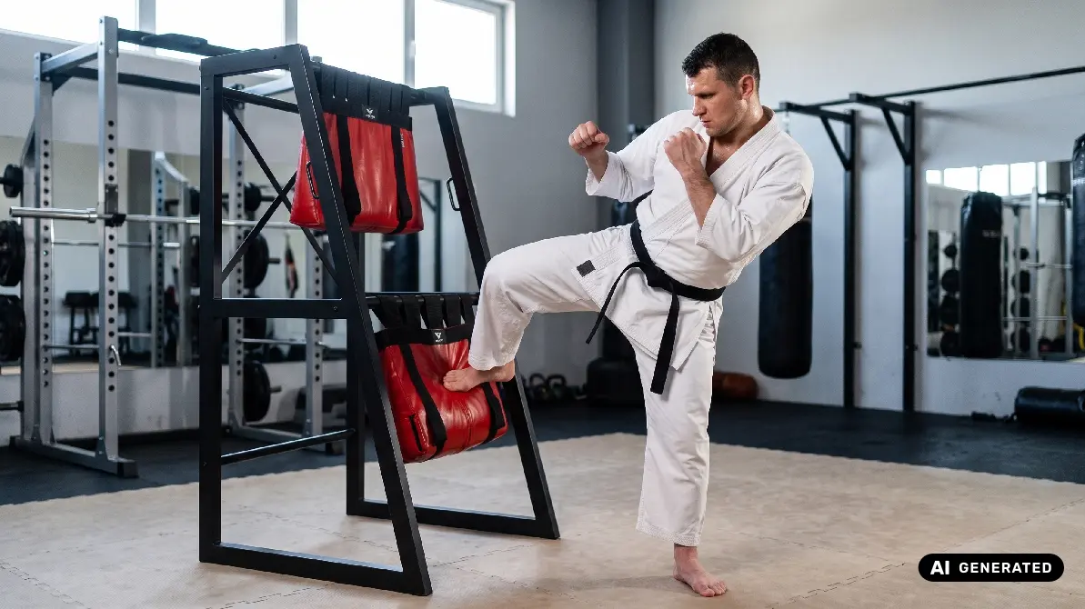 Mężczyzna uderzający nogą w worek treningowy makiwara do treningu karate