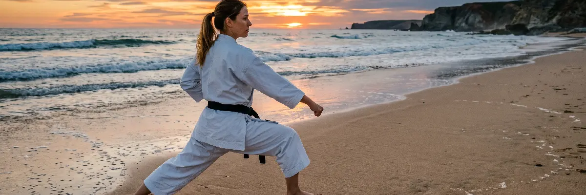 Kobieta w karatedze na plaży stojąca w pozycji zenkutsu dachi