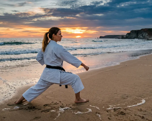 Kobieta w karatedze na plaży stojąca w pozycji zenkutsu dachi